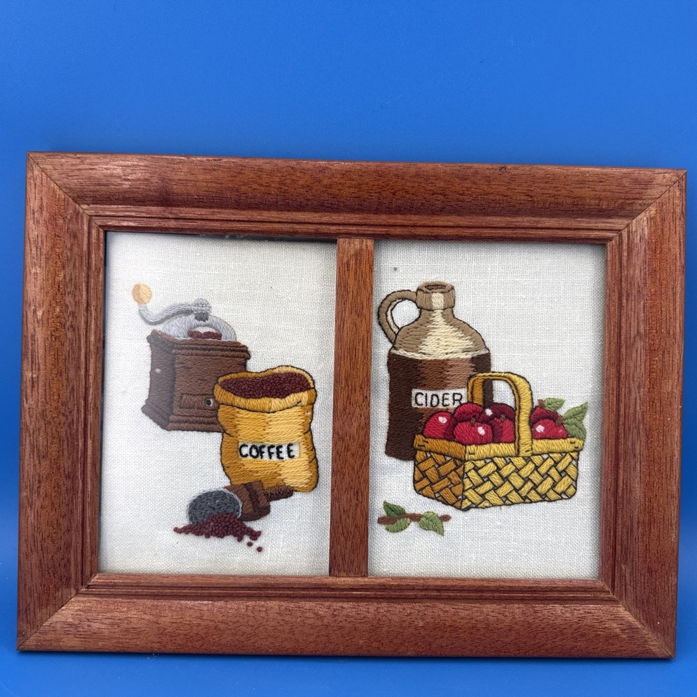 VTG Handmade Crewel Embroidery Coffee Cider Apples Framed Country Kitchen Art‎